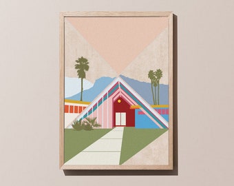 Palm Springs A-Frame Print, A4/A3, Mid Century Poster, Architectural Art, USA, Minimal, Tropical, Desert Modern, Home Decor, Wall Art.