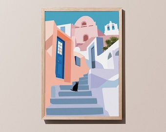Santorini Cat Print, A4/A3, Geometric Art, Travel Poster, Pastels, Architecture, Greece, Minimal, Island, Tropical, Home Decor, Wall Art.