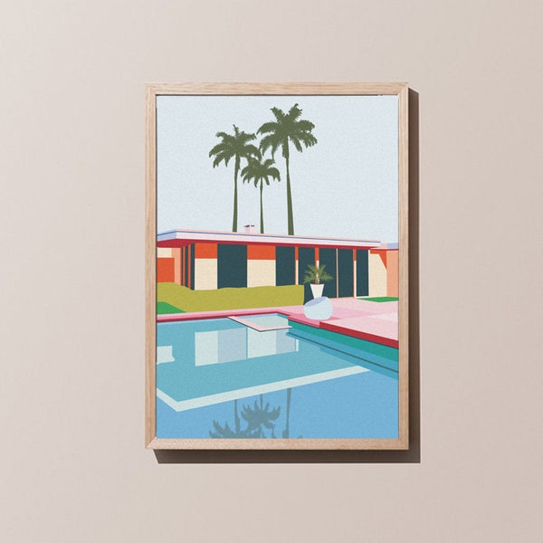 Palm Springs Pool Días Impresión, A4/A3, Cartel de Mediados de Siglo, Arte Arquitectónico, EE.UU., Mínimo, Tropical, Piscina, Decoración del hogar, Arte de la pared.