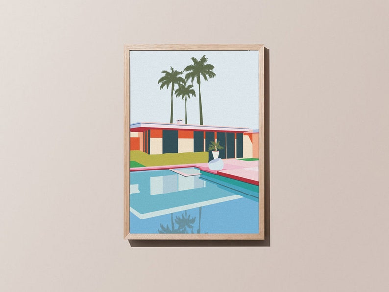 Palm Springs Pool Days Print, A4/A3, Mid Century Poster, Architectural Art, USA, Minimal, Tropical, Swimming Pool, Home Decor, Wall Art. image 1