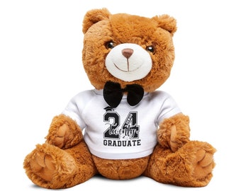 Ours en peluche diplômé senior 2024 avec t-shirt, cadeau de remise des diplômes senior 2024, nounours personnalisé, design noir et blanc diplômé 2024