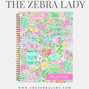 Preppy Charleston town, Pink Green  8.5x11 Hardcover Planner, Blue, Undated Planner, gold spiral.