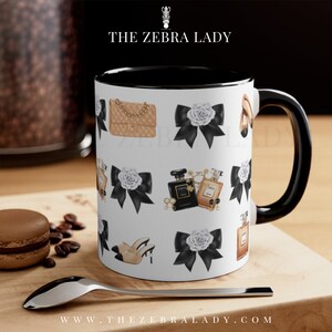 Black Cream Coco Fashion Mix Accessories Bows and shoes 11oz 15oz Mug. coffee mug,  Drinking Mugs, Color Handle Mugs, White Handle