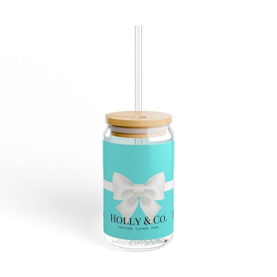 Personalized Aqua White Bow  Breakfast at Tiffany's Sipper Glass 16oz, with a lid or without lid and straw, Drinkware, White Bow