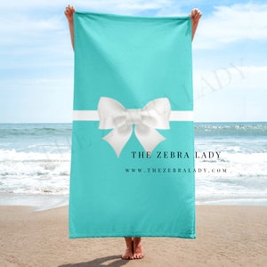 Breakfast at Tiffany's Beach Towel, aqua , White Bow, Pool Towel