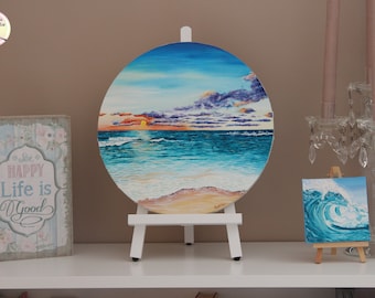 Sunset at the beach, oil painting on a 30cm round canvas, seascape original painting with pearlescent paint elements