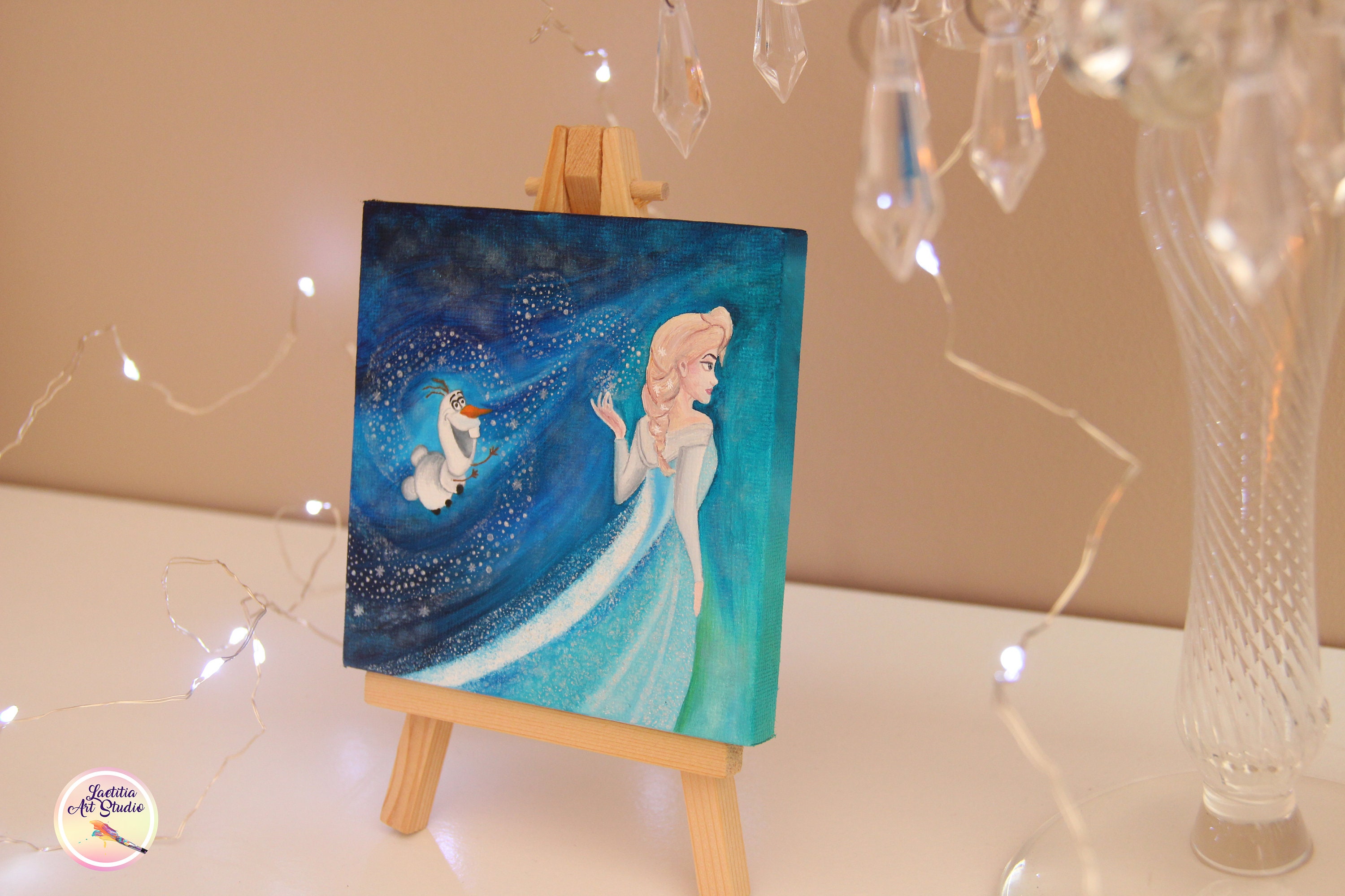 Frozen : Elsa and Olaf, Mini Canvas Original Oil Painting With