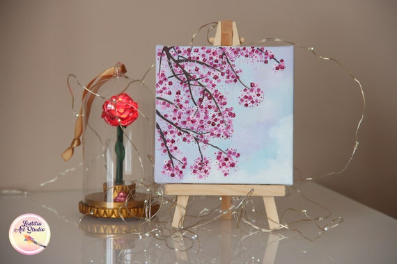 Japanese Cherry Blossom, Original Oil Painting on Mini Canvas With