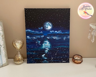 Moonlight, original acrylic painting, canvas wall art night seascape painting, ocean waves painting