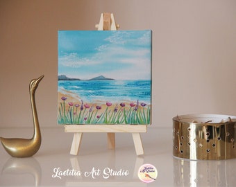 Beach with flowers, original painting on mini canvas with easel included, mini painting perfect for gift