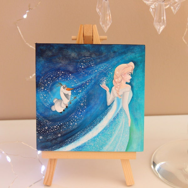 La reine des neiges : Elsa et Olaf, peinture à l'huile miniature sur toile originale avec chevalet inclus