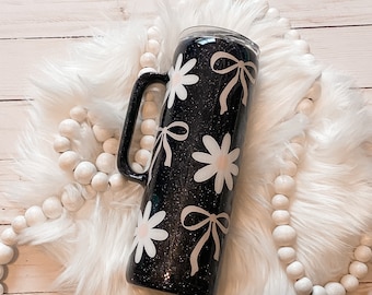 Bows and Daisies Pink and Navy Glitter Tumbler | Gift | Travel Mug