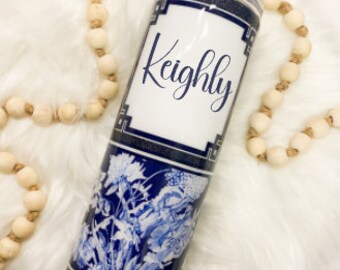 READY TO PERSONALIZE | Navy and White Chinoiserie Glitter Epoxy Tumbler | Monogramed Tumbler | Bridesmaid Gift