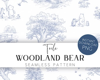 Woodland Bear Blue Toile de Jouy Seamless Pattern Chinoiserie Nursery Digital Paper Printable Fabric Background Vintage Storybook Bear NT1