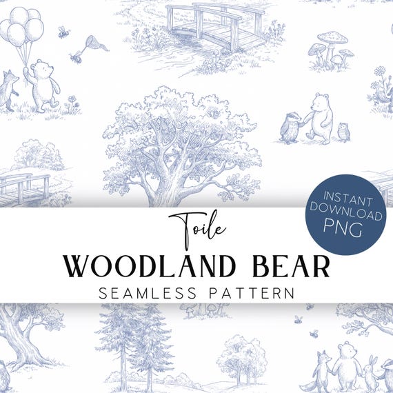 Woodland Bear Blue Toile de Jouy Seamless Pattern Chinoiserie Nursery Digital Paper Printable Fabric Background Vintage Storybook Bear NT1