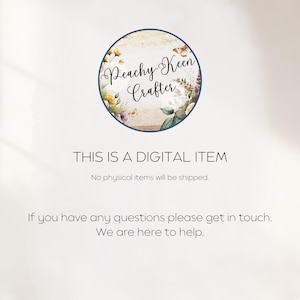 May include: A digital item announcement with the text "Peachy Keen Crafter" in a circular floral design. The text "THIS IS A DIGITAL ITEM" is below the logo, followed by a statement that no physical items will be shipped.