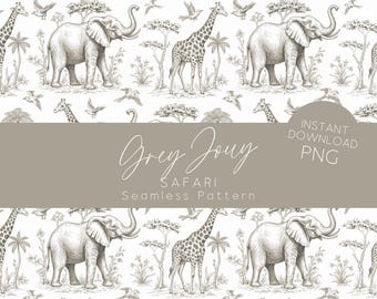 Grey Toile de Jouy Safari Seamless Pattern Nursery Digital Paper Chinoiserie Background Elephant Giraffe Printable Fabric Pattern Decor NT1