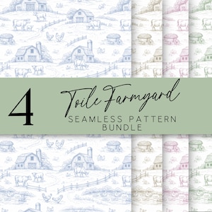 May include: A seamless pattern bundle with four farmyard toile designs in various colours. The patterns depict barns, cows, chickens, and hay carts. The text reads "4 Toile Farmyard SEAMLESS PATTERN BUNDLE".