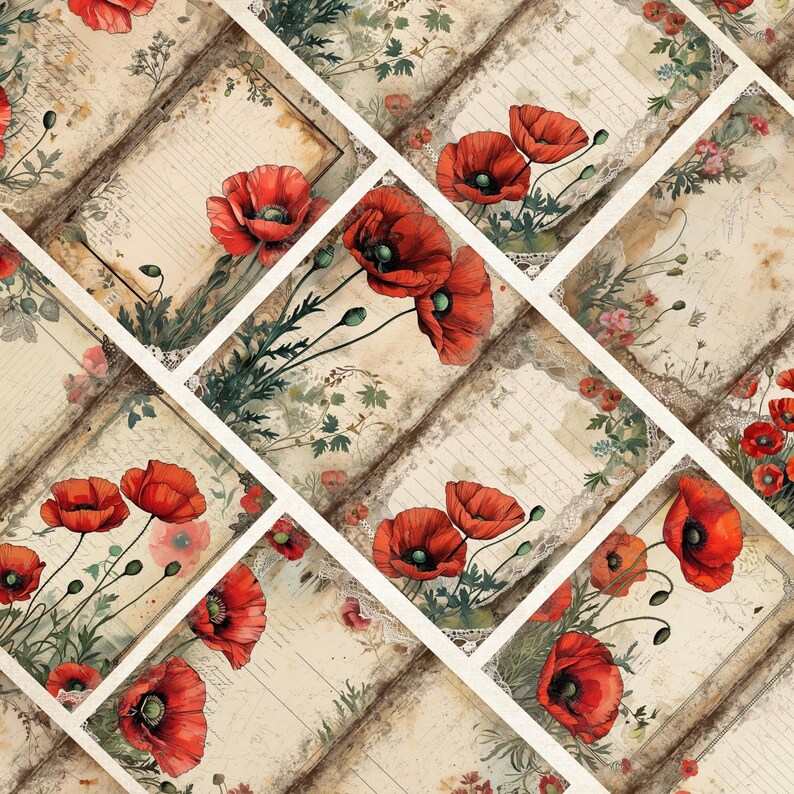 Graph Paper Poppy Vintage Poppy Digital Paper Bundle Printable Scrapbooking Junk Journal ...
