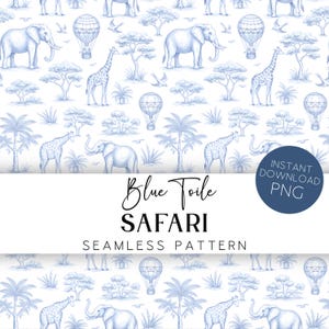 Blå Toile de Jouy Safari Sömlöst Mönster Chinoiserie Barnrum Digitalt Papper Utskrivbar Tyg Bakgrund NT1