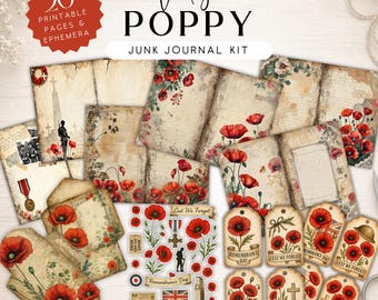 Zestaw do dziennika Vintage Poppy Junk, strony do druku, pamiątkowe drobiazgi z okazji Dnia Pamięci, zestaw do scrapbookingu z czerwonymi makami, papiery cyfrowe, tagi i precyzyjne cięcia