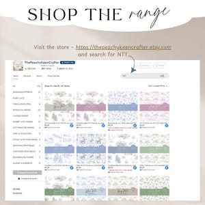 May include: Screenshot of an Etsy shop displaying digital seamless patterns. The shop name is ThePeachyKeenCrafter. The search bar shows "NT1". The image includes the text "SHOP THE range" and the shop's URL.