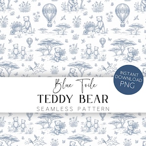 Può includere: Un motivo senza cuciture con orsetti blu, mongolfiere, alberi e farfalle su sfondo bianco. Il testo "Blue Toile TEDDY BEAR SEAMLESS PATTERN" è visualizzato. Una grafica circolare recita "INSTANT DOWNLOAD PNG".