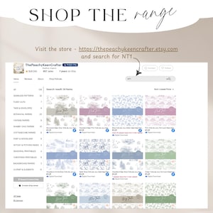 May include: Screenshot of an Etsy shop displaying digital seamless patterns. The shop name is ThePeachyKeenCrafter. The search bar shows "NT1". The shop offers various digital papers with woodland and floral designs. The text "SHOP THE range" is at the top.