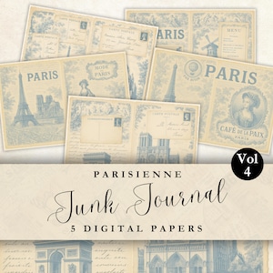 Carta digitale Junk Journal, blu, toile parigina, stampabile, pagina Junk Journal, carta per scrapbooking digitale Shabby Chic, pagina vintage di Parigi