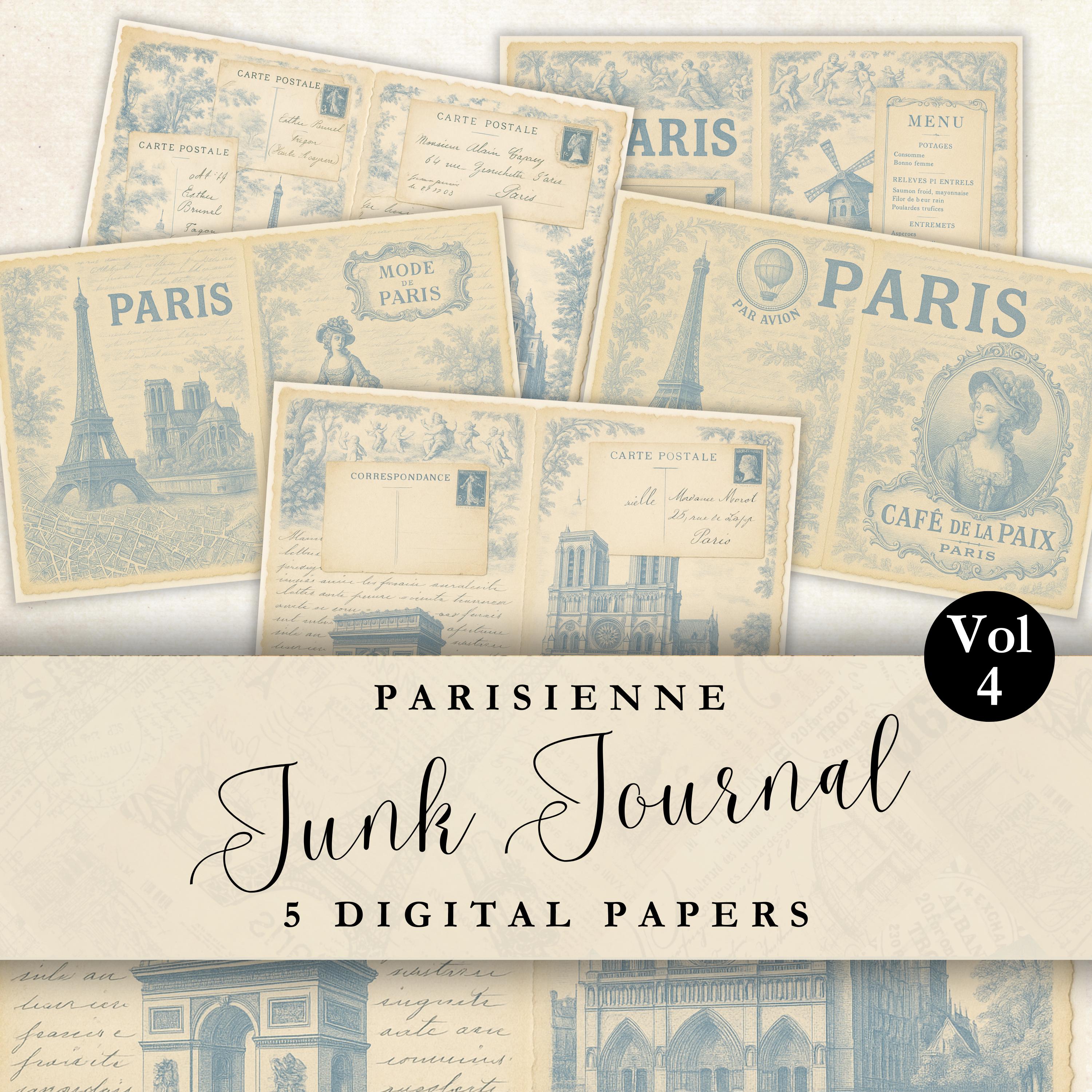 Junk Journal Digital Paper Blue Toile Parisian Printable Junk Journal Page Ephemera Shabby Chic Digital Scrapbook Paper Vintage Paris Page
