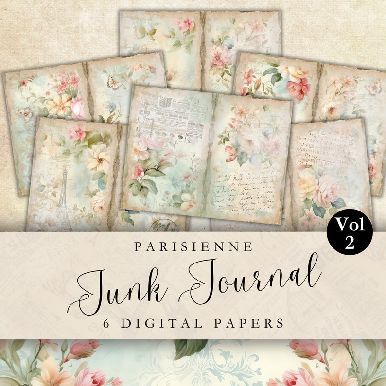 Shabby Chic Printable Junk Journal Digital Paper Floral French Parisian ...