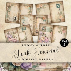 Pagina di diario vintage con peonie e motivi floreali shabby chic, stampabile, foglio di collage di rose antiche, download digitale per scrapbooking e diario
