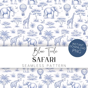 Sfondo in tessuto stampabile digitale per cameretta dei bambini, motivo senza cuciture, motivo safari blu Toile de Jouy NT1