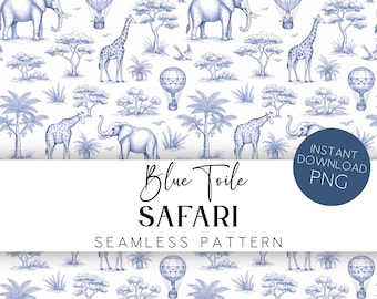 Blue Toile de Jouy Safari Seamless Pattern Chinoiserie Nursery Digital Paper Printable Fabric Background NT1