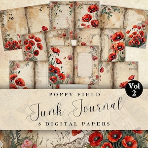 Poppy Flower Digital Paper Bundle Printable Scrapbooking & Junk Journal Supply Floral Poppy Paper Pack Printable Paper For Junk Journal JJ02