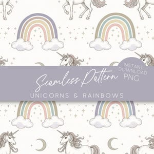 Puede incluir: Patrón sin costuras con unicornios, arcoíris, estrellas y lunas en colores pastel. El diseño incluye arcoíris con nubes, unicornios blancos y lunas crecientes. El texto dice "Seamless Pattern" y "Unicorns & Rainbows".