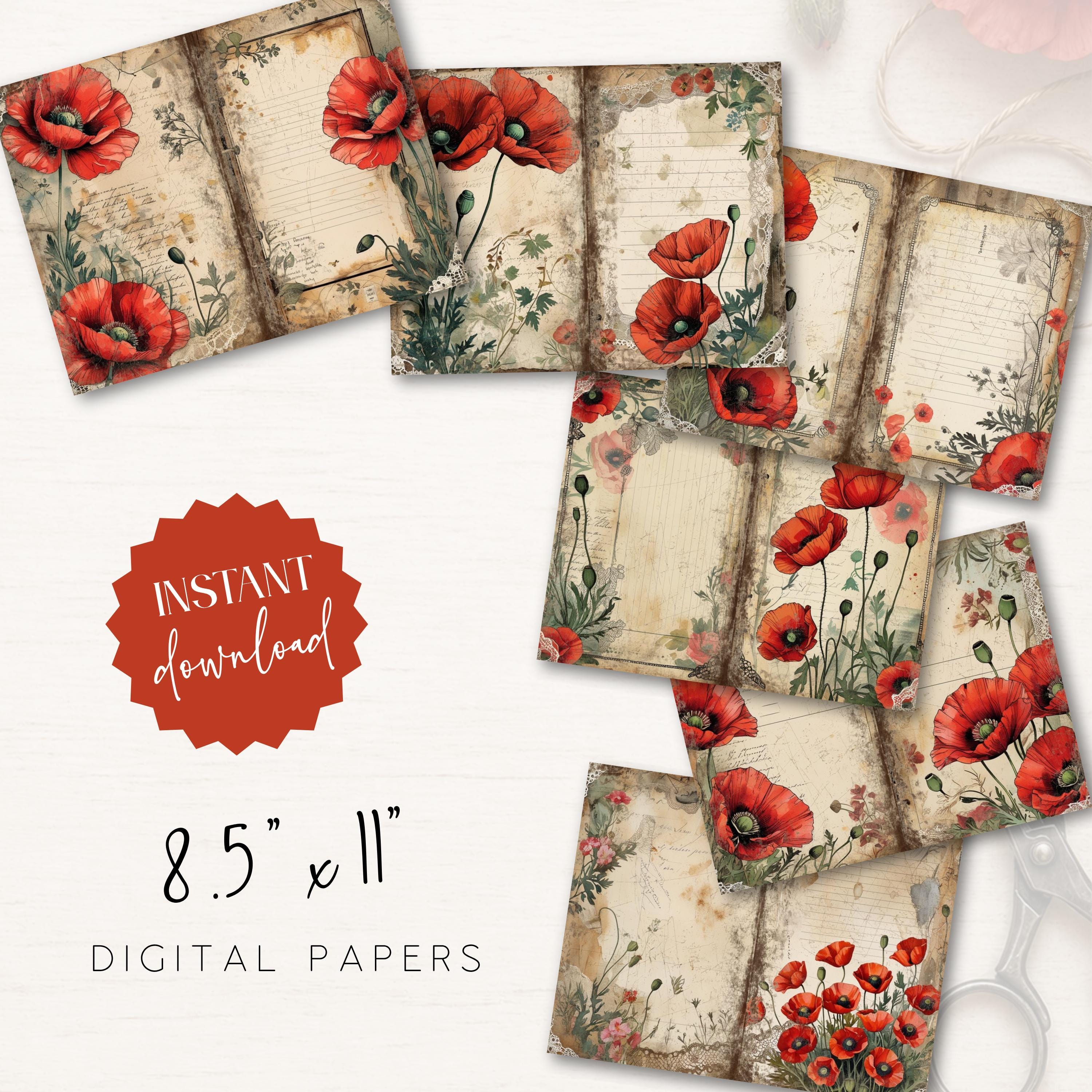 Vintage Poppy Digital Paper Bundle Printable Scrapbooking Junk Journal ...