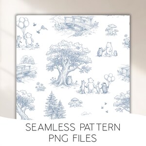 May include: A seamless pattern featuring a blue and white illustration of woodland animals, trees, bridges, and balloons. The text "SEAMLESS PATTERN PNG FILES" is at the bottom. The design has a whimsical, storybook feel.