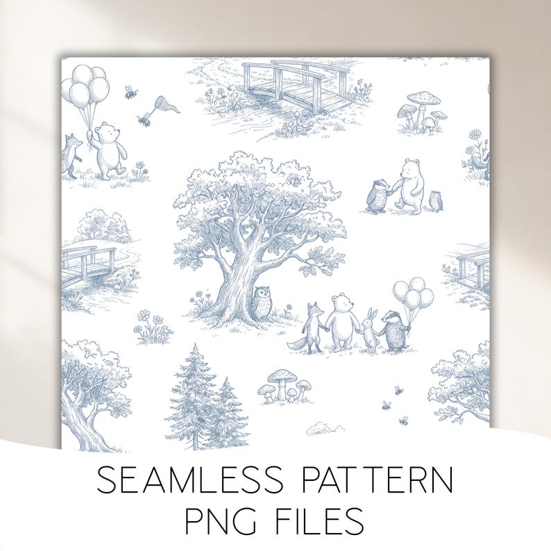 May include: A seamless pattern featuring a blue and white illustration of woodland animals, trees, bridges, and balloons. The text "SEAMLESS PATTERN PNG FILES" is at the bottom. The design has a whimsical, storybook feel.
