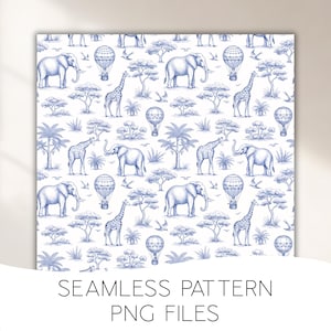 May include: A blue and white seamless pattern featuring elephants, giraffes, hot air balloons, and trees. The design is repeated across the surface. The text "SEAMLESS PATTERN PNG FILES" is at the bottom.