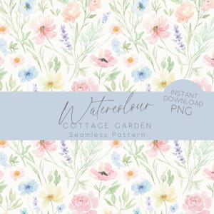 May include: Watercolor floral seamless pattern featuring a cottage garden design. The pattern includes pink, blue, yellow, and peach flowers with green foliage on a white background. The text "Watercolour Cottage Garden Seamless Pattern" is displayed on a light blue banner.