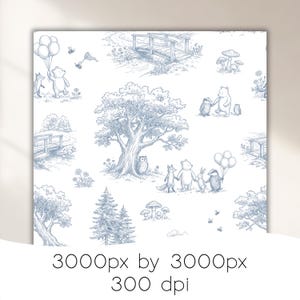 May include: A blue and white toile pattern featuring woodland animals and scenery. The design includes bears, foxes, rabbits, and an owl, along with trees, bridges, and balloons. The text at the bottom reads "3000px by 3000px 300 dpi".