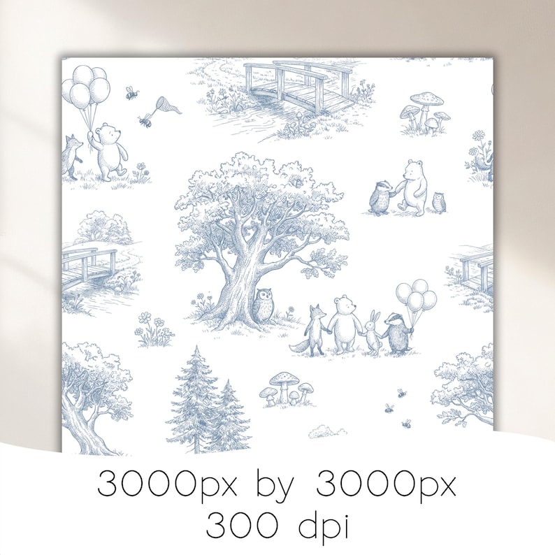 May include: A blue and white toile pattern featuring woodland animals and scenery. The design includes bears, foxes, rabbits, and an owl, along with trees, bridges, and balloons. The text at the bottom reads "3000px by 3000px 300 dpi".