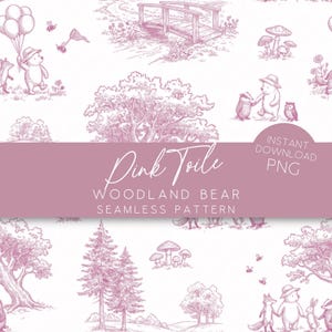 Skogsbjörn rosa Toile de Jouy sömlöst mönster vintage sagobok barnrum tygdesign Chinoiserie stil digital papper bakgrund NT1