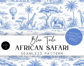 Blue Toile de Jouy Safari Seamless Pattern Chinoiserie Nursery Digital Paper Printable Fabric Background NT1