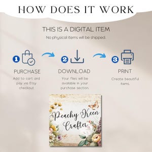 May include: Diagram illustrating the digital item purchase process: Purchase, Download, and Print. Text includes "HOW DOES IT WORK" and "THIS IS A DIGITAL ITEM." A floral design with the text "Peachy Keen Crafter" is at the bottom.