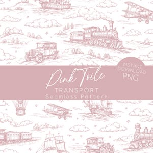 Peut inclure: Un motif sans couture rose et blanc avec des illustrations de véhicules de transport vintage. Le design comprend des trains, des voitures, des avions, des navires et des montgolfières. Le texte "Pink Toile" et "Transport Seamless Pattern" est affiché.