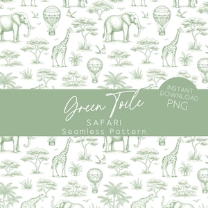 Green Toile de Jouy Safari Seamless Pattern Chinoiserie Nursery Digital Paper Printable Fabric Background NT1