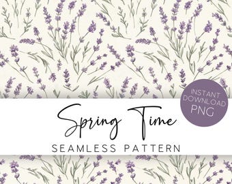 Puede incluir: Un patrón sin costuras con ilustraciones de acuarela de ramitas de lavanda en tonos morados y verdes sobre un fondo crema. El texto "Spring Time" se muestra en una fuente cursiva, con "Seamless Pattern" debajo.
