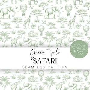 May include: A seamless pattern with a safari theme, showcasing elephants, giraffes, hot air balloons, and trees in light green on a white backdrop. The text "Green Toile SAFARI" is displayed in a decorative font.